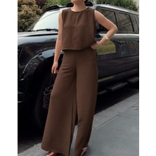 Kadın Ayrobin Kumaş Kolsuz Bluz ve Bol Paça Takım