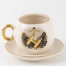 UltraMint El Yapımı Siyah Melek Tasarımlı Kahve Fincanı, H Harfi Detaylı