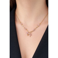 Houseki Pembe Taşlı Kurdeleli Çiçekli Pinterest Kolye