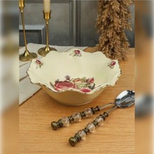 UltraMint Krem Gold Yuvarlak Salata Servis Tabağı, Gül Desenli, 26X9CM