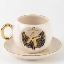 UltraMint El Yapımı Siyah Melek Tasarımlı Kahve Fincanı, Şık ve Benzersiz K Harfi Detaylı