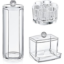 Storemax 3'lü Makyaj Kozmetik Organizeri Set, Pamukluk, Kulak Çubuğu Düzenleyici, Ruj Oje Makyaj Düzenleyici Şeffaf