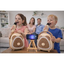 Çocuklara Özel Retro Tasarımlı Bluetooth Karaoke Mikrofon ve Ahşap Tripodlu – Kahverengi