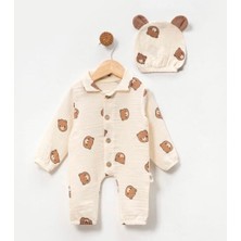 Luna Mia Baby Müslin Kumaş Ayıcıklı Tulum ve Şapka