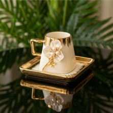 UltraMint El Yapımı 6'lı Porselen Inci Taşlı Çiçek Broşlu Kahve Fincan Takımı