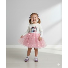 Dudese Kız Çocuk Unicorn Baskılı Kalpli Tütü Prenses Elbise - Pembe