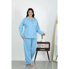 Veralya Moda Kadın Büyük Beden Pamuklu Cepli Düğmeli Mavi Pijama Takım