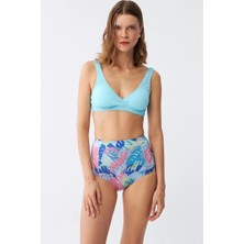 Veralya Moda Kadın Pedli Üst Tropik Desenli Yüksek Bel Bikini Takımı - Buz Mavisi