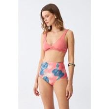 Veralya Moda Kadın Somon Pedli Üst ve Tropik Desenli Yüksek Bel Bikini Takımı