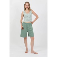 Veralya Moda Kadın Kalın Askılı Pamuk Penye Şortlu Crop Takım Suyeşili