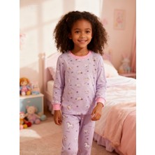 NiCe İç Giyim Pamuklu Mor Renk Unicorn Baskılı Uzun Kol Kız Çocuk Pijama Takım