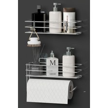 UltraMint Krom Gümüş 2’li Yapışkanlı Banyo Raf Seti – Kağıt Havlu Askılı & Duş Organizer