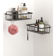 UltraMint Pratik ve Şık 2'li Mat Siyah Banyo Rafı, Yapışkanlı ve Kancalı Tasarım