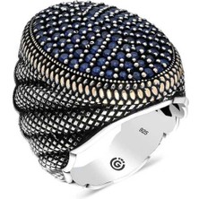 Bazarhane Gümüş Lacivert Zirkon Taşlı Oval Erkek Yüzük