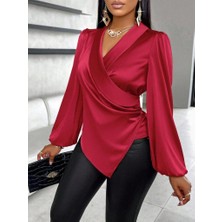 Etiler Collection Kadın Uzun Kollu Kruvaze Yakalı Asimetrik Saten Bluz