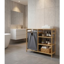 UltraMint Doğal Bambu 3 Raflı Yan Üniteli Çamaşır Sepeti ve Banyo Dolabı