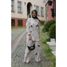 Tuğba Sarı Keten Görünümlü Natural Alt Üst Boncuk Detaylı Takım