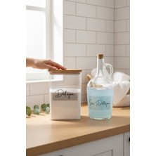 UltraMint Şeffaf Etiketli Ahşap Kapaklı 1500ML Deterjan Şişesi ve Kavanoz Seti