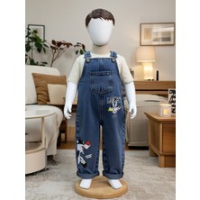 Mişsa Bebe Baskılı Çocuk Kot  Salopet Denim Oversize Tokalı Kalıp 3-6 Yaş