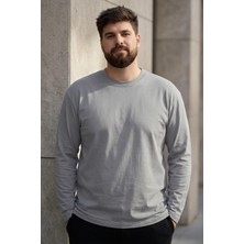 Gri O Yaka Rahat Form Battal Büyük Beden Uzun Kollu Erkek T-Shirt - 88107