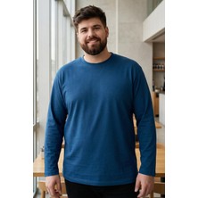 Indigo O Yaka Rahat Form Battal Büyük Beden Uzun Kollu Erkek T-Shirt - 88107