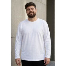 Beyaz O Yaka Rahat Form Battal Büyük Beden Uzun Kollu Erkek T-Shirt - 88107