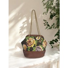 Moka Pasaj Etnik Desen Zincir Askılı Bohem Omuz Çantası - Siyah Çiçek Desenli