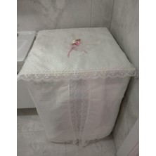 UltraMint Pembe Fiyonklu Güllü Kenar Güpürlü Linen Çamaşır Makinesi Örtüsü 68X80