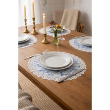 Rona Home Mavi Papatya Desenli Kenarı Dantelli Supla Servis Altlığı 6'lı Set Yuvarlak Sunum Takımı