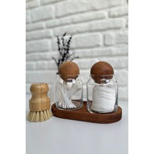 UltraMint 2'li Cam Kavanoz ve Ahşap Altlık Stand, Pamuk ve Kulak Pamuğu Organizer