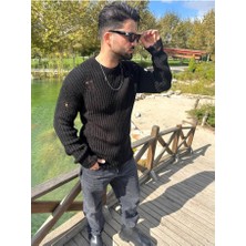 Elku Moda Tüylenmez Naturel Pamuk Rahat Kesim Salaş Kazak Oversize Yırtık Detaylı Lazer Kesim