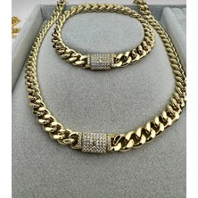 Taşlı Kilit Detaylı Cuban Zincir Set Gold xuping gurmet