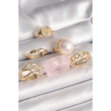 Clariss Ashwork Pirinç Gold Renk Daire 3D Incili Figür Zincir Model Gül Işleme Detaylı 6'lı Kadın Y