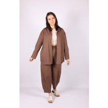 Tuğba Sarı Keten Gizli Patlı Balon Pantolonlu Kahve Kadın Takım