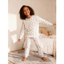 NiCe İç Giyim Pamuklu Beyaz Mavi Sevimli Desen Uzun Kol Manşetli Kız Çocuk Pijama Takım