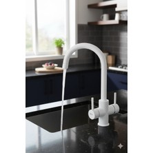 HDF Modern Mat Beyaz Arıtma Musluklu Mutfak Bataryası - Çift Kumandalı 2'si 1 Arada Tasarım Evye Bataryası