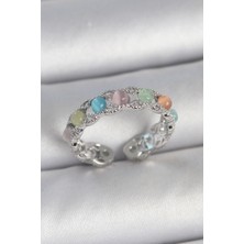 Erbilden Erb Pirinç Gümüş Renk Renkli Mineli Ayarlanabilir Kadın Yüzük