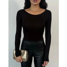 Asfa Moda Kadın Açık Yaka Uzun Kollu Basic Body Bluz Siyah