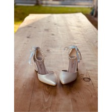 İlkinin Pabuçları Incili Sedef Gelin Ayakkabısı, Taşlı Incili Kadın Abiye Ayakkabı, 9cm Kalın Topuklu Rahat Tasarım