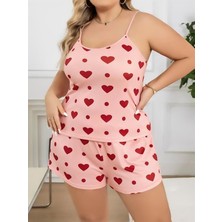 Red Womans Büyük Beden Pembe Kalp Desen Pamuklu Şortlu Pijama Takımı