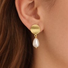 Vaoov Dalgalı Yuvarlak Plaka 14K Altın Kaplama Gerçek Mayorka Inci Küpe