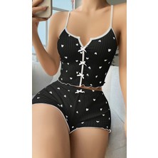 Kiss Me Kadın Rahat Kalıp Şık Siyah Kalp Desenli Askılı Şortlu Pijama Takımı
