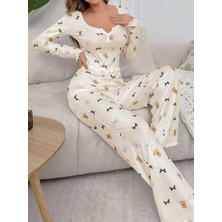 Kiss Me Kadın Ekru Ayıcık ve Fiyonk Desenli Yumuşak Uzun Pijama Takımı