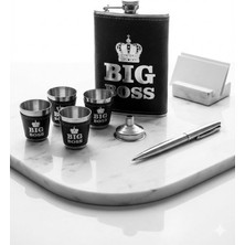 Biton Toptan Çelik Matara Hediye Seti Big Boss  Temalı Deri Kaplamalı Içecek Cep Matarası 4 Shot Bardaklı