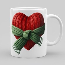 Sartre Art Cozy Örgü Kalp Kupa - Kış Romantik Kırmızı Kalp Yeşil Fiyonklu Hediye Mug