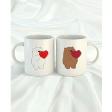 Sartre Art Ayı Çift Kupa Seti - We Bare Bears Kalpli Beyaz & Kahverengi Ayı Romantik Mug