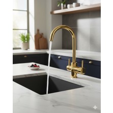 HDF Parlak Gold Arıtma Musluklu Mutfak Bataryası - 2'si 1 Arada Lüks Tasarım Altın Evye Bataryası