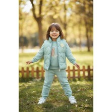 Kız Çocuk 3'lü Takım - Kapitone Şişme Yelek, Sweatshirt ve Eşofman Altı Seti