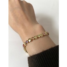 Elifra Prenses Takı Renkli Zirkon Taşlı Kalp Figürlü Gold Kaplama Kadın Bileklik