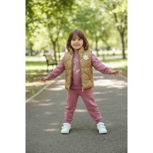 Kız Çocuk 3'lü Takım - Kapitone Şişme Yelek, Sweatshirt ve Eşofman Altı Seti